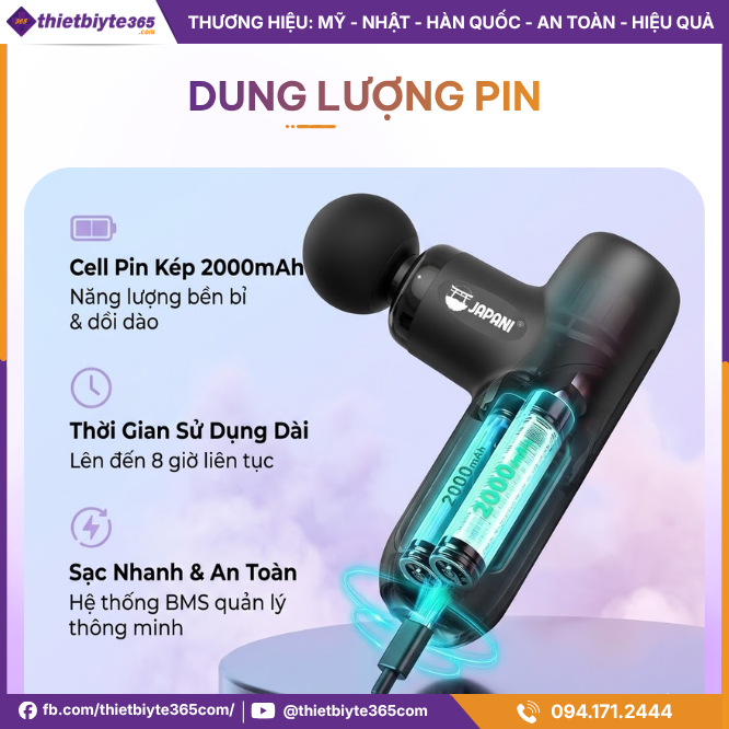 Pin của sản phẩm Máy massage cầm tay mini JAPANI MCT-2382 4 đầu massage
