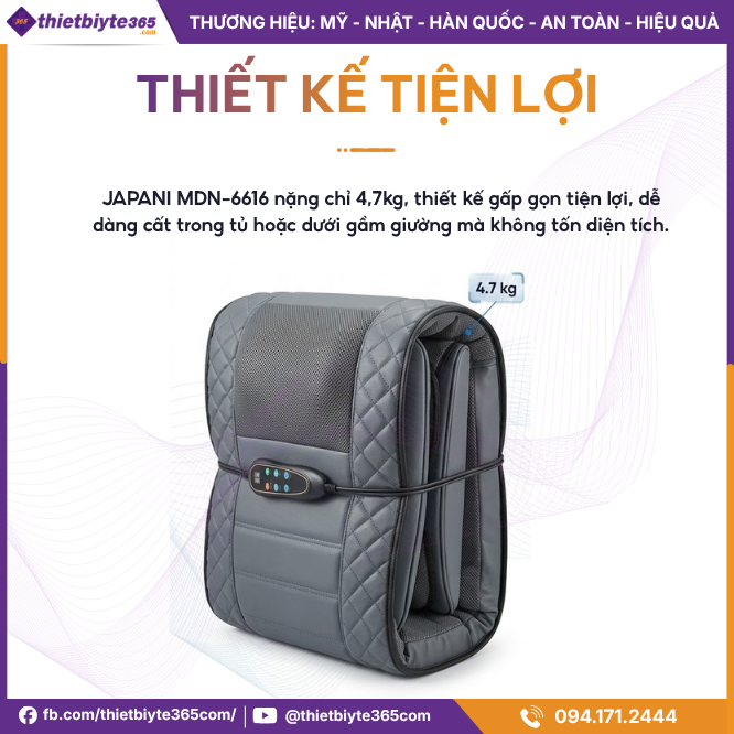 Thiết kế tiện lợi của Nệm massage toàn thân JAPANI MDN-6616 dây cắm trực tiếp