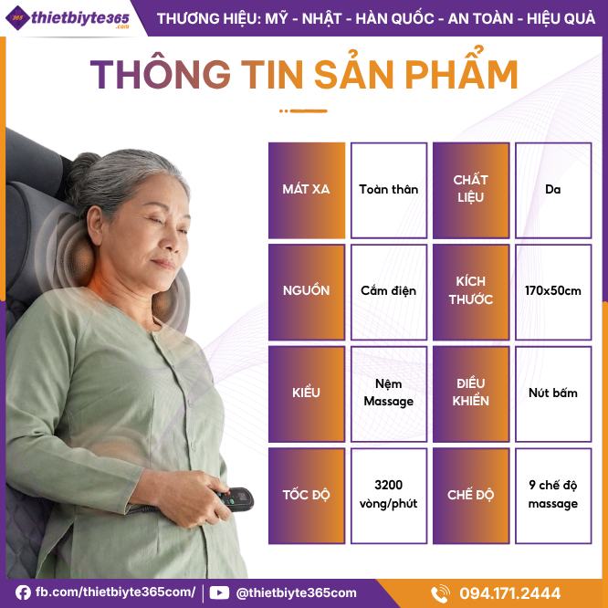 Thông tin sản phẩm Nệm massage toàn thân JAPANI MDN-6616 dây cắm trực tiếp