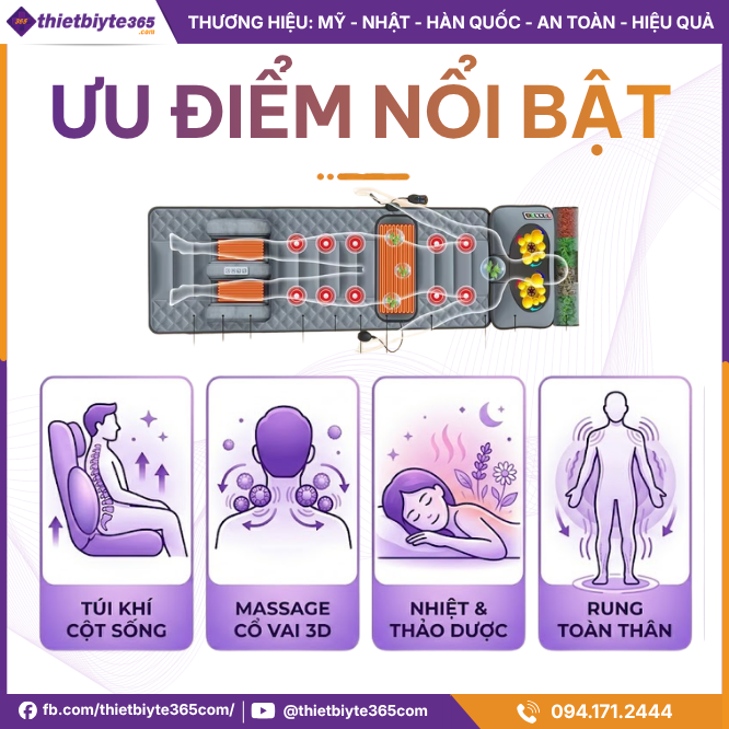 Ưu điểm Nệm massage toàn thân JAPANI MDN-6616 dây cắm trực tiếp