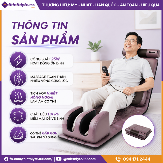 Thông tin sản phẩm Đệm massage toàn thân JAPANI MDN-6338 nhiệt hồng ngoại