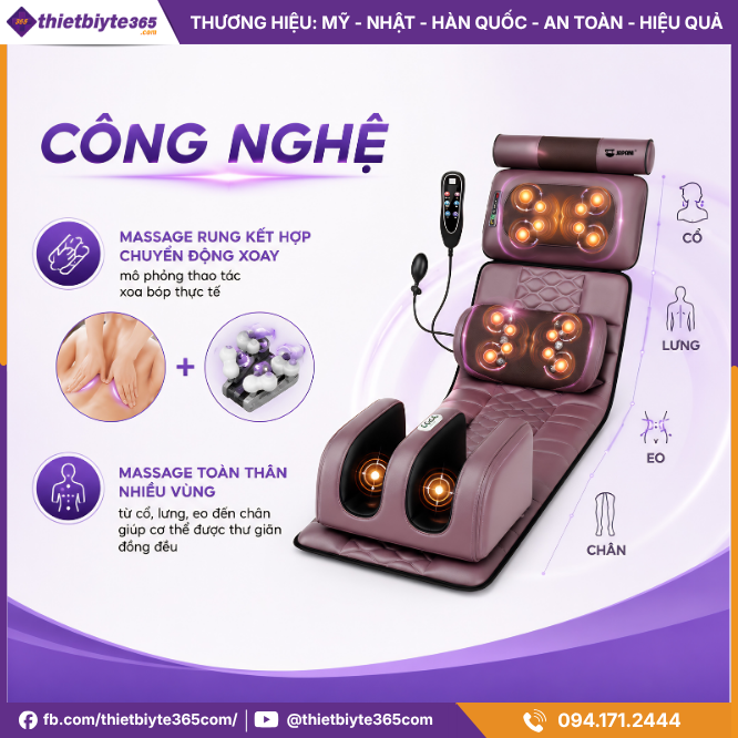 Công nghệ Đệm massage toàn thân JAPANI MDN-6338 nhiệt hồng ngoại