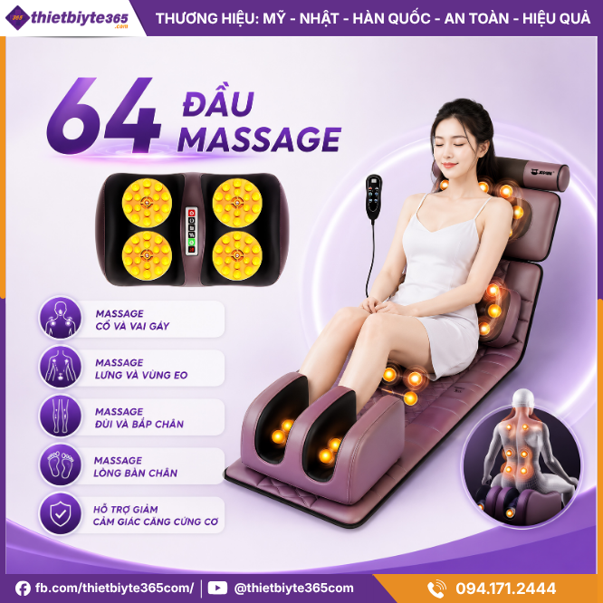64 đầu massage của của Đệm massage toàn thân JAPANI MDN-6338 nhiệt hồng ngoại