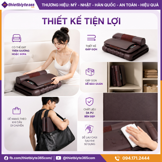 Thiết kế tiện lợi của Đệm massage toàn thân JAPANI MDN-6338 nhiệt hồng ngoại