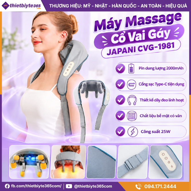 Máy Massage Cổ Vai Gáy JAPANI CVG-1981 Cao Cấp Hỗ Trợ Thư Giản Giảm Đau Mỏi